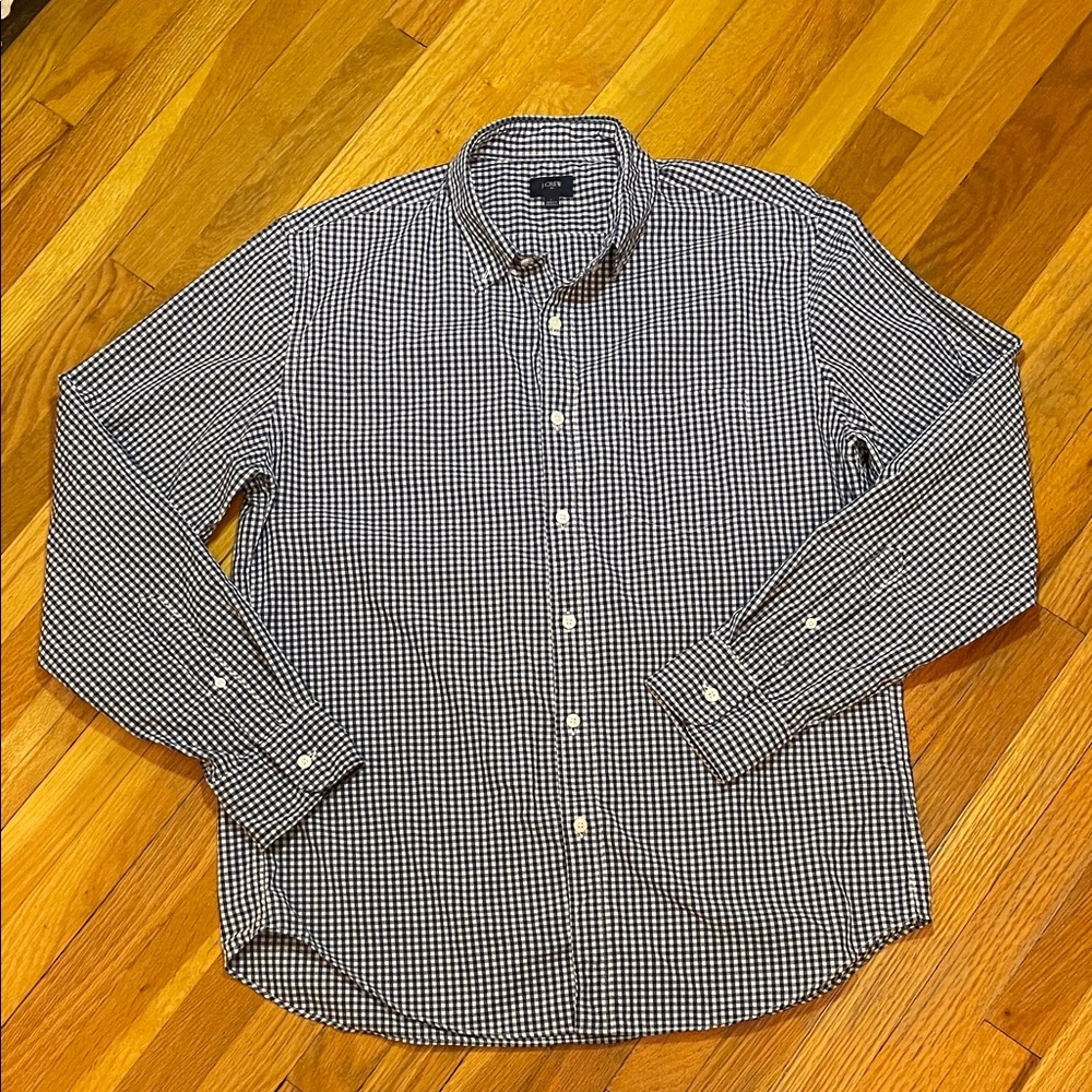 J. CREW Men's Navy Blue & White Preppy Checkered Cotton Button-up Casual Shirt